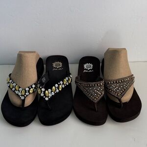 Yellow Box Black and Brown Jeweled Sandals